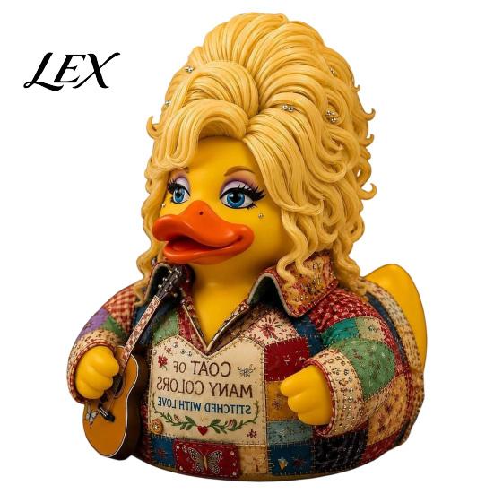 Plastová soška kachny pro domácí dekoraci Parton Memorial Duck, figurka Dolly, soška country hudby, ručně malovaná figurka hudebníka s kytarou, dekorativní