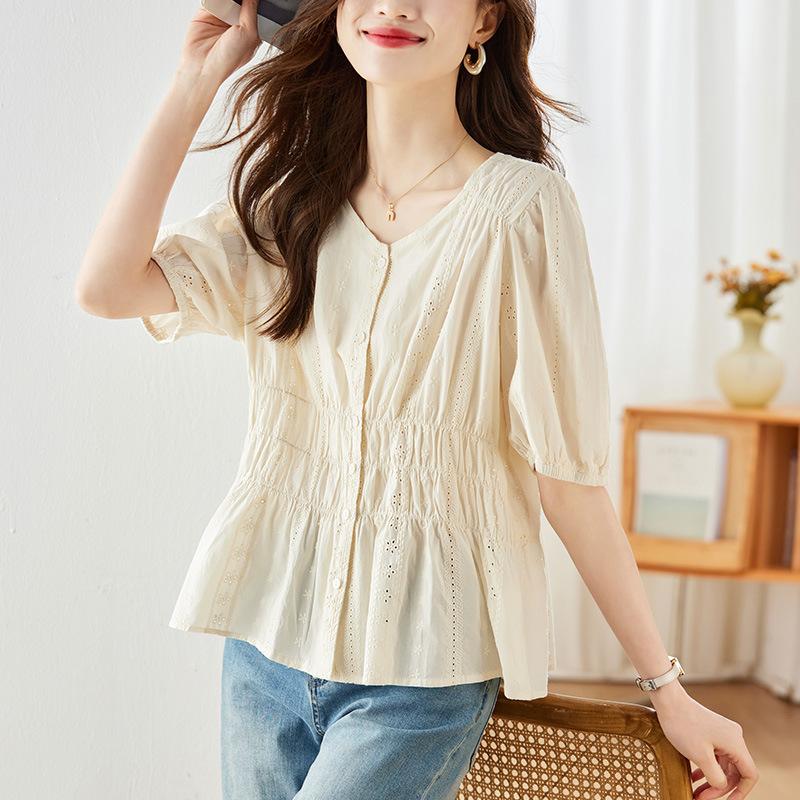 

Hollow Embroidered Apricot Shirt for Women s Short-sleeved Summer New Style Design Chic Pure Cotton Top XXL