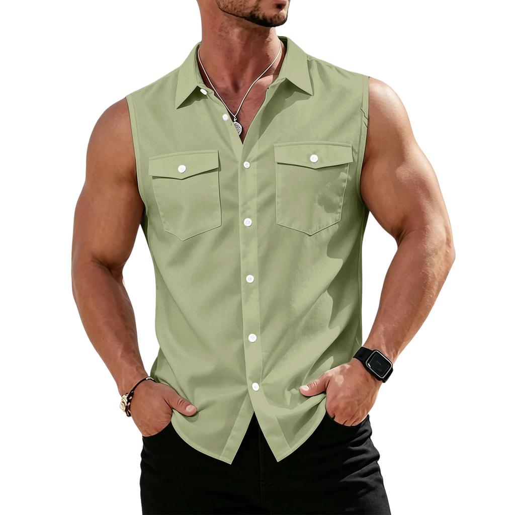 Men's Workwear Lapel Button-Down Vest Shirt - Lightweight Sleeveless Top