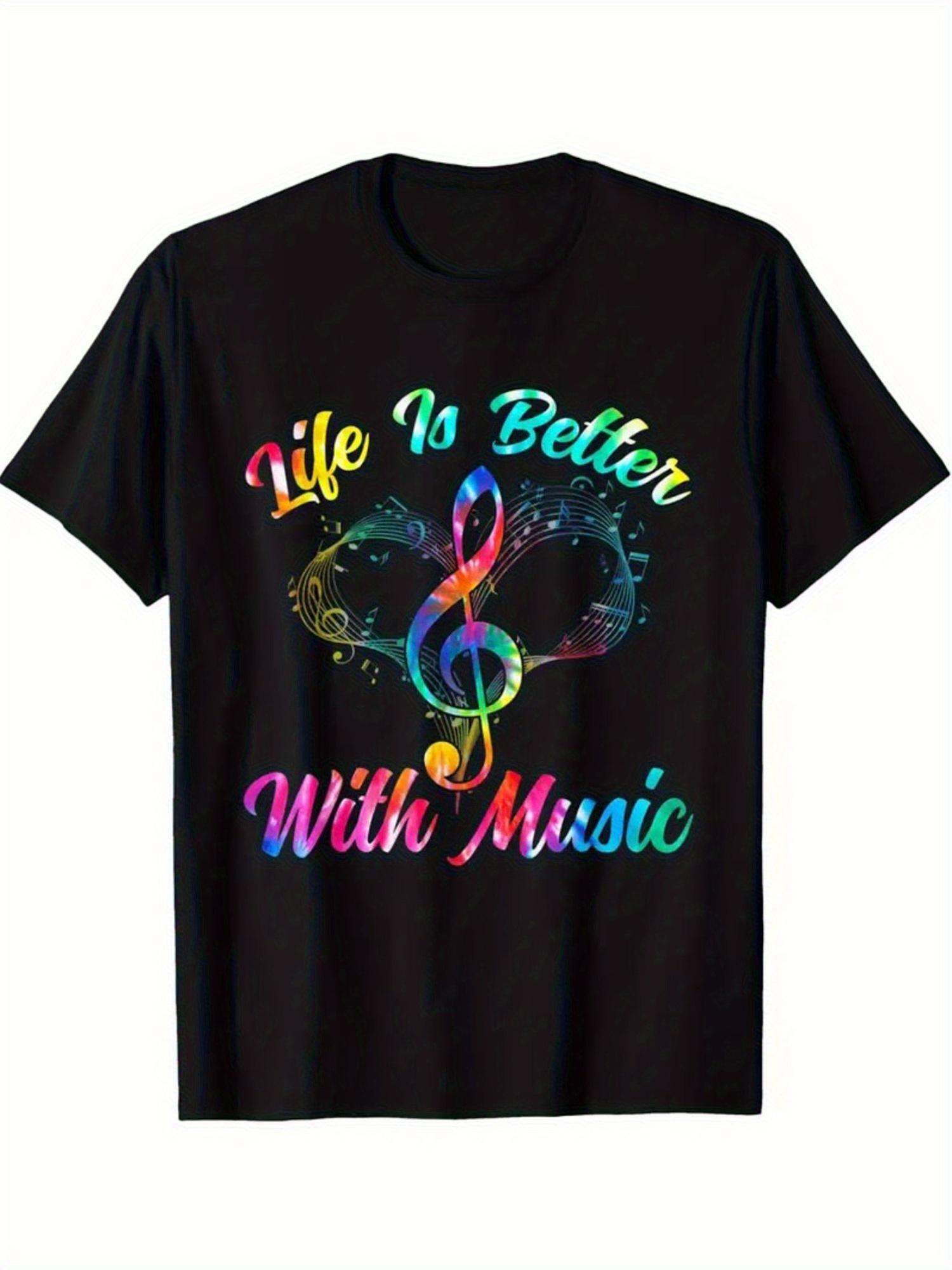 1 Music Notes Graphic T-shirt - 100% Cotton Crew Neck Short Sleeve T-shirt with Vibrant  Music Makes Life Better  Print XL