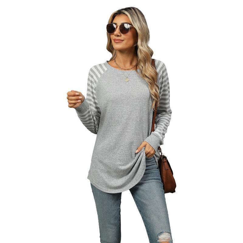Women's New Clashing Stripes Splicing Round Neck Long Sleeve T-shirt Swallowtail Top