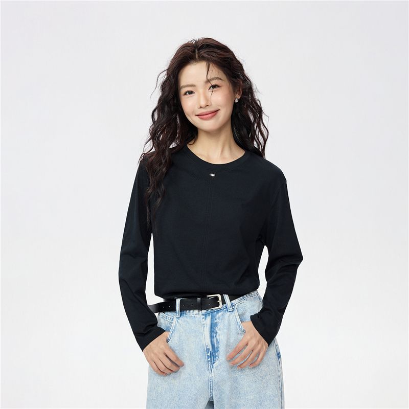 

Giordano Long sleeves Shirt Women Autumn New Pure Cotton T-shirt Metal Logo Loose round Neck Top Women 13325785 09 Logo Black M