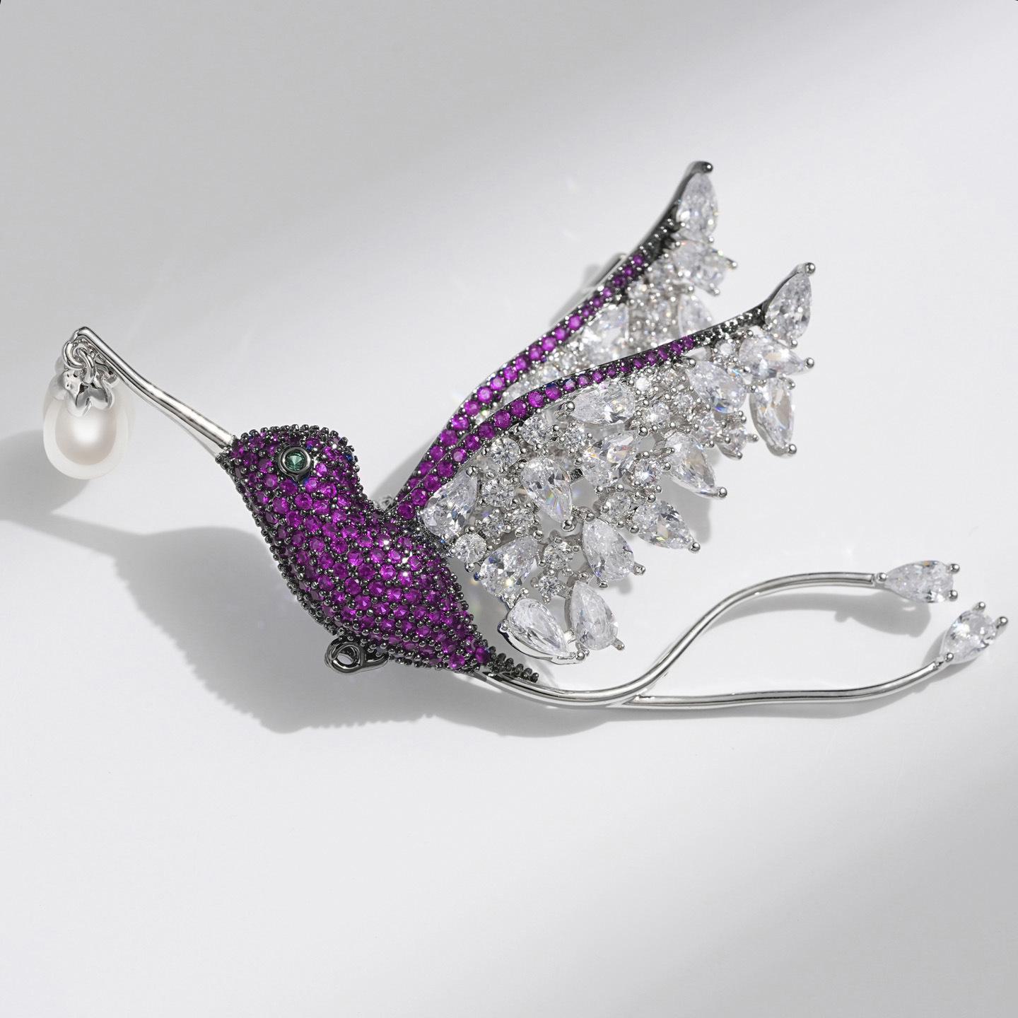 Elegant Unisex Hummingbird Brooch with Freshwater Pearls & Zircon