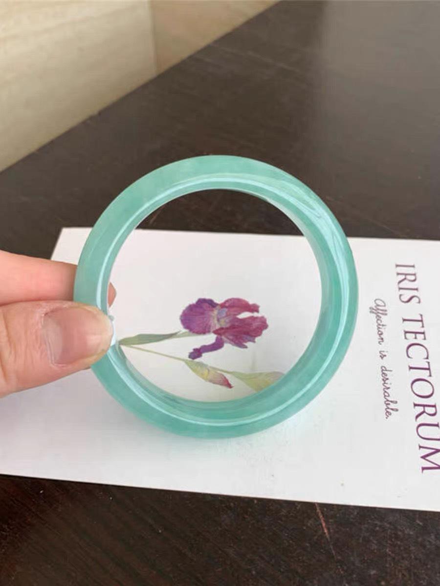 Transparent Jadeite Bangle: Ice-Waxy Blue-Green with Floating Flowers and Bright Green Accents, Full Circle Design for Women 52mm