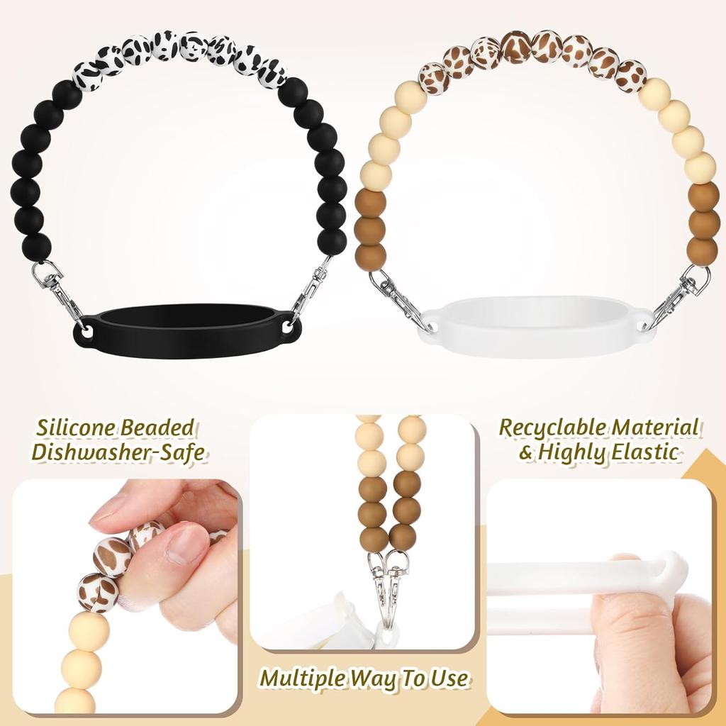Tondiamo 2 Set Highland Cow Cup Accessories Set Compatible with Stanley Tumbler Include Silicone Beaded Bottle Strap Leather Tassel Charm Cow Rubber