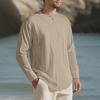 Men Shirt Round Neck Long Sleeve Loose Fit Shirt Pure Color Pleated Casual