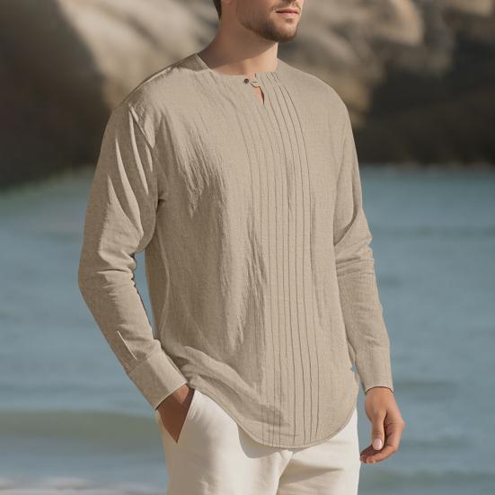 Men Shirt Round Neck Long Sleeve Loose Fit Shirt Pure Color Pleated Casual