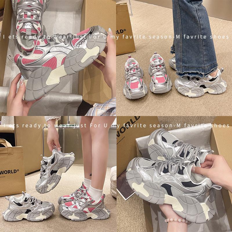 Silver women's autumn new thick-soled mesh breathable and lightweight casual sports shoes