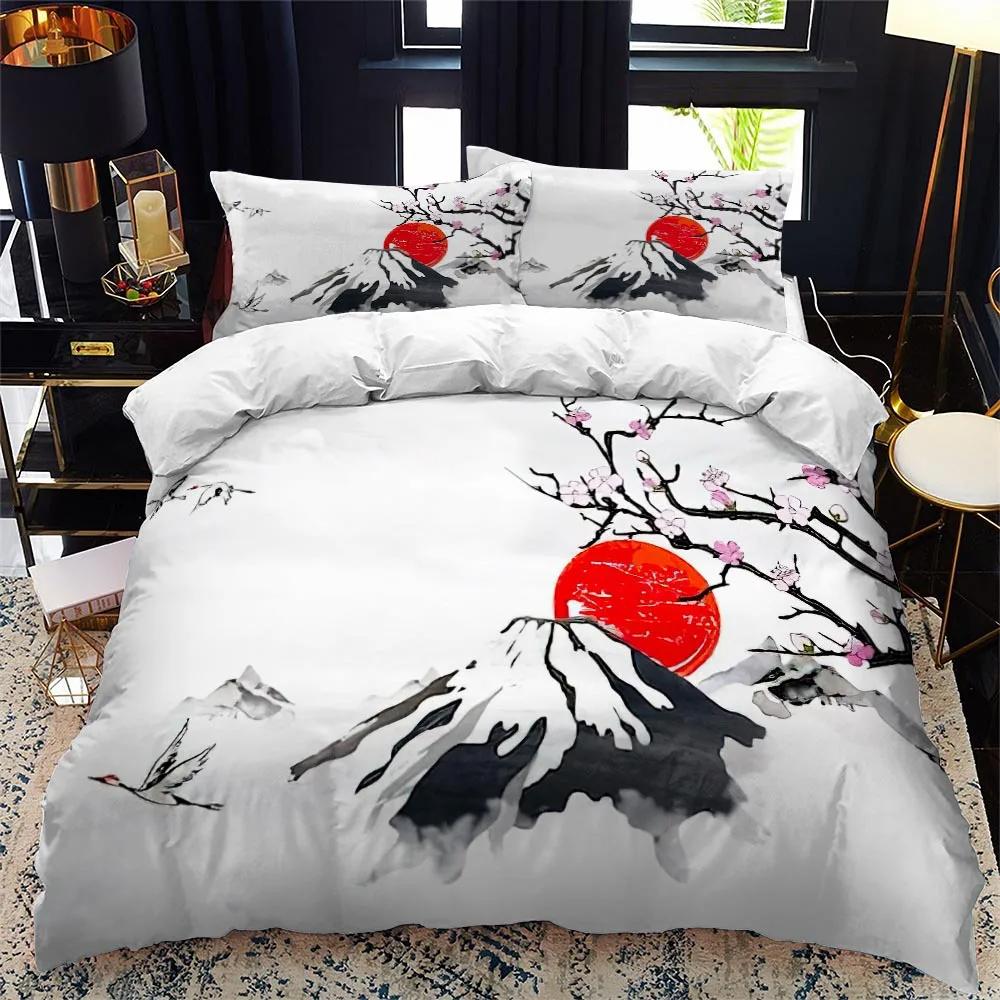 Dynetrekk i japansk stil King Queen Full størrelse Ukiyo-e-tema bølgemønster polyester sengetøysett Fuji Mountain Exotic Style