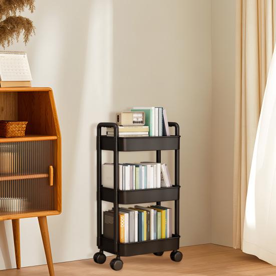 Storage Rack 4-Tier Rolling Cart with Wheels Sturdy Construction Large Capacity Strong Load-bearing Mobile Rack Trolley Bookshelf