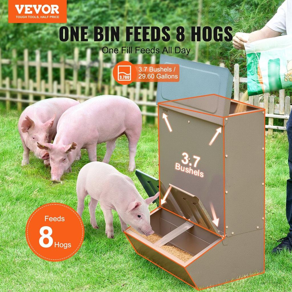 Schweinefutterautomat 3,7 Bushel Metall Doppeltür Schweinefutterautomat Fütterung für bis zu 8 Schweine