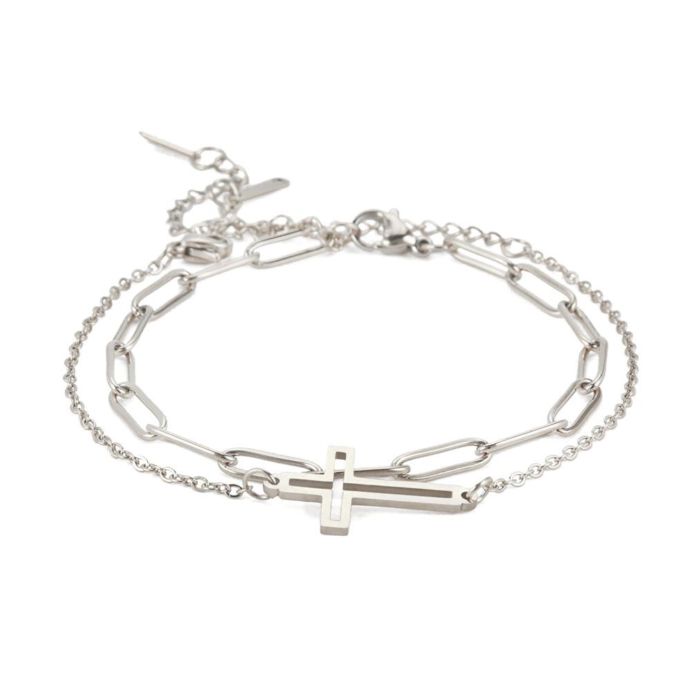 Double Layer Cross Pendant Bracelet For Stacking With Hollow Two-Hole Cross Chain Welded Necklace Jewelry
