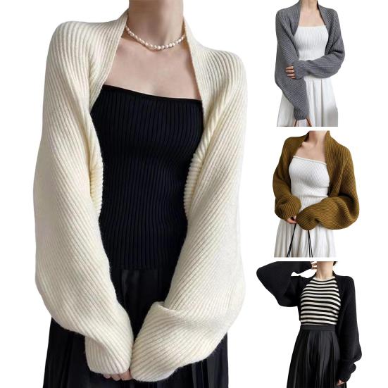 Women Knitted Cardigan Shawl Loose Bat Sleeves Solid Color Knitting Coat Short Style Shawl Coat Autumn Winter Wear