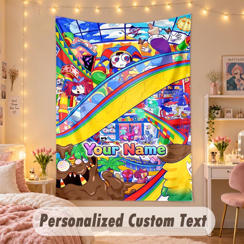 Benutzerdefinierte Personalisierte Wandteppich, Der Erstaunliche Digitale Zirkus Druck Benutzerdefinierter Name Text Wandkunst Hängend für Schlafzimmer