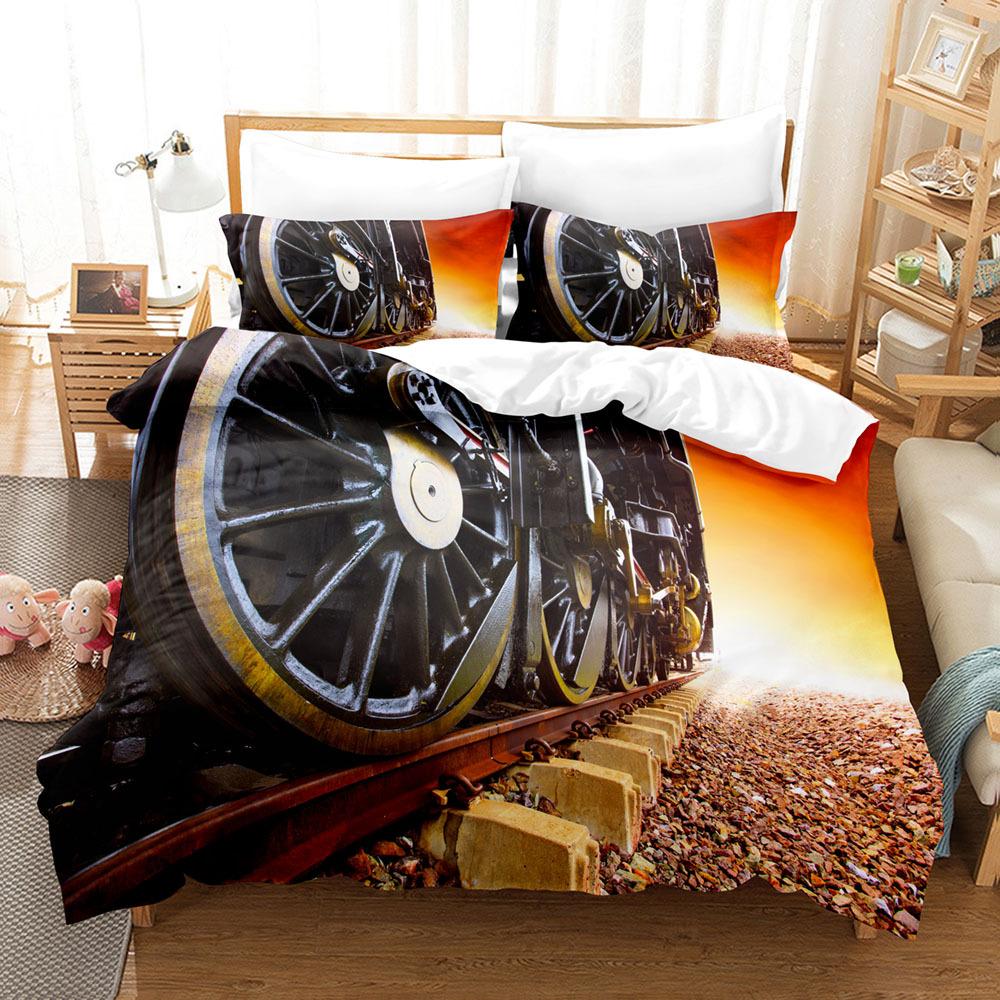 Steam Engine Duvet Cover Set Transportation Old Train King Queen Full Size Polyester Bedding Set for Teen Boys Adult Living Room