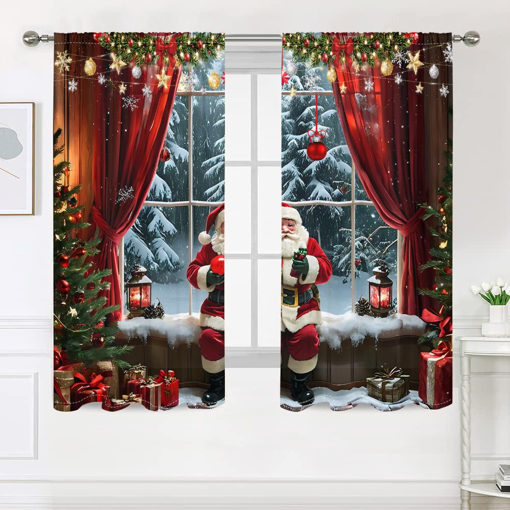 2 Pieces, Santa Claus Christmas Tree Retro Curtains -30% Blackout - Suitable for Living Room, Bedroom, Kitchen, Home Decoration