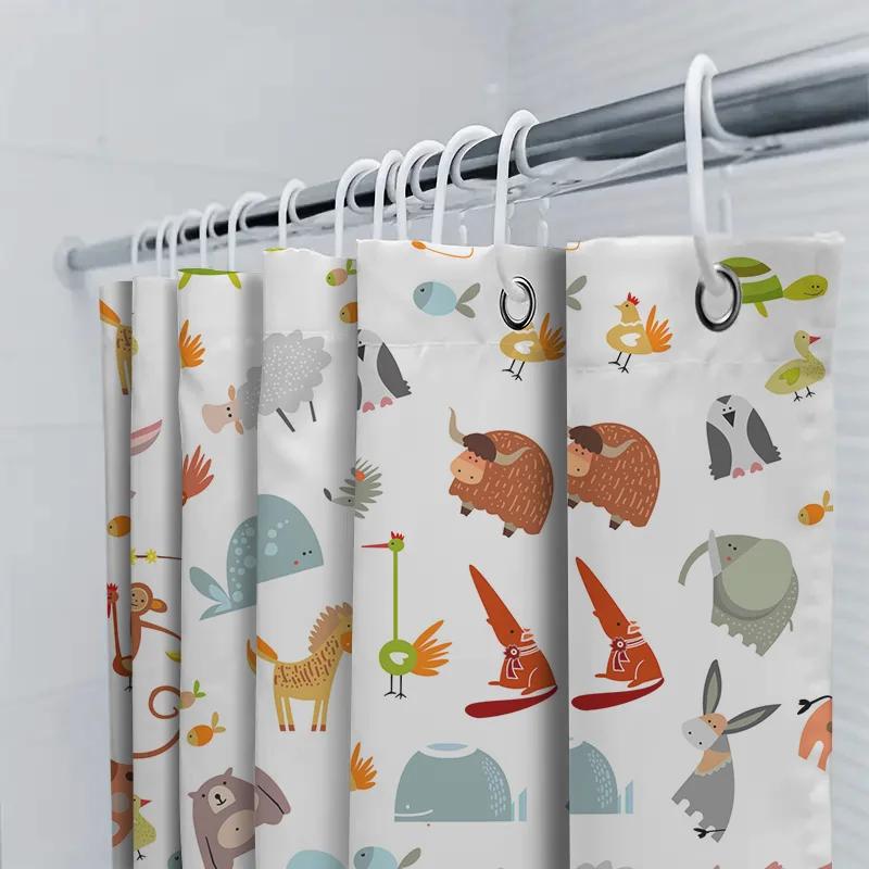 Animal Print Shower Curtain Set Cartoon Animal Designs For Kids Bathroom Decor – Waterproof Fabric With Hooks (White)