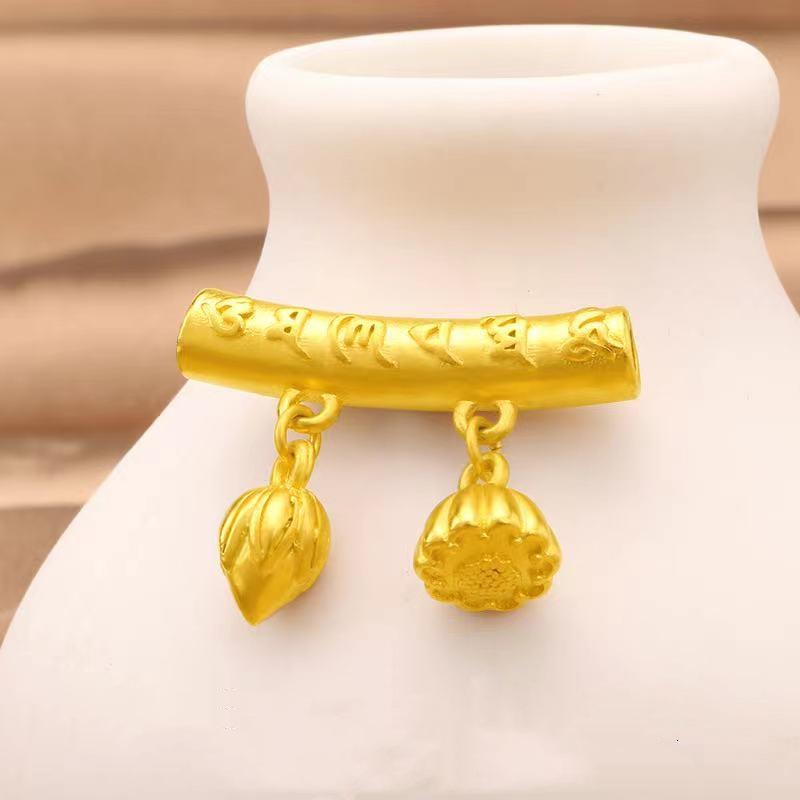 Vietnam Sand Gold Mantra Necklace & Bracelet: Lotus Seed Pod & Bent Tube, Brass Gold-Plated