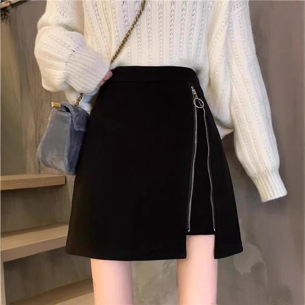 

2024 Autumn/Winter Black Woolen A-line High Waist Petite Skirt XS [70-80 lbs]