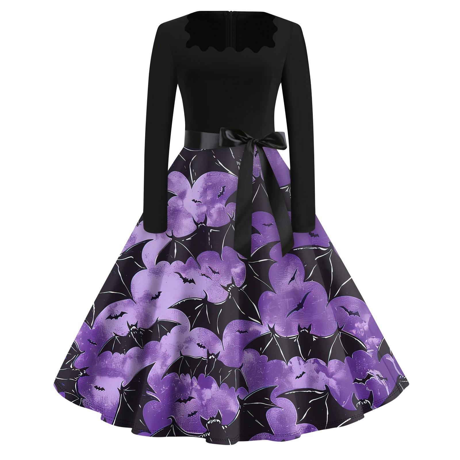 

Платье с расклешенным принтом на Хэллоуин для женщин, платье с длинным рукавом, полые вечерние повседневные платья XL фиолетовый