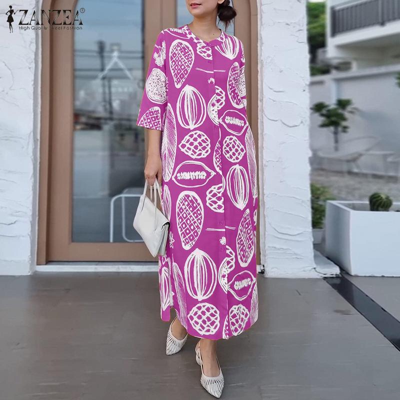 ZANZEA Women Casual Round Neck Loose 3/4 Sleeve Print Dress