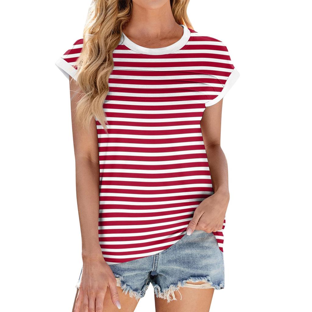 Women's Fashion Casual Basic Striped Textured Round Neck T-shirt Vest Top