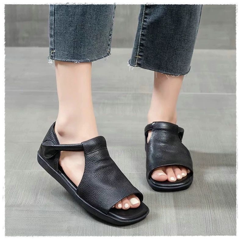 New Women's Peep Toe Flat Sandals - Retro Soft Leather Breathable Comfortable Versatile Casual Shoes 2026