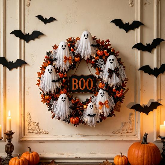 Artificial Fabric Wreath Halloween Boo Ghost Wreath, Spooky Door Hanging Decoration with Pumpkins Decorative Fall And Spider Webs for Front