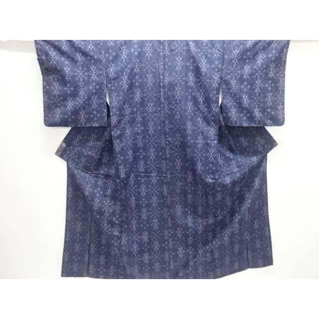 

Hand-woven pongee kimono with abstract patterns woven into stripes [antique] [used] [worn] [pongee]