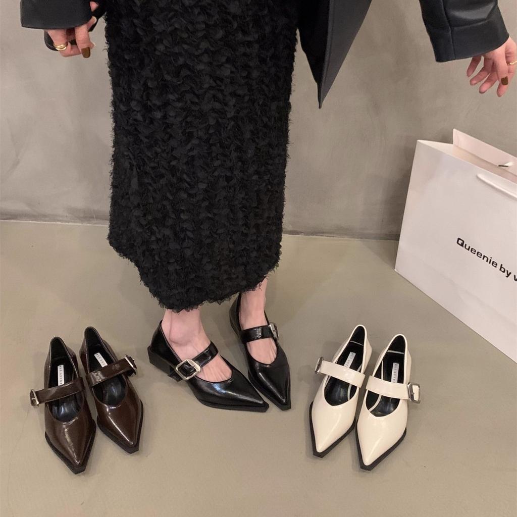 French black pointed single shoes women's shoes 2025 new spring, autumn and winter medium and high heels evening shoes Mary Jane small leather shoes