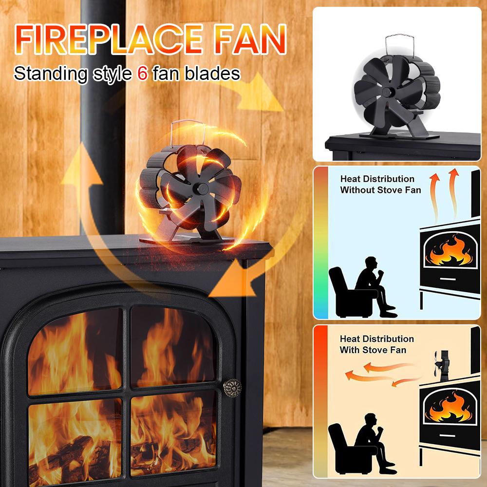 6 Blades Heat Powered Stove Fan Black Fireplace Komin Log Wood Burner Eco Friendly Quiet Fan Home Efficient Heat Distribution