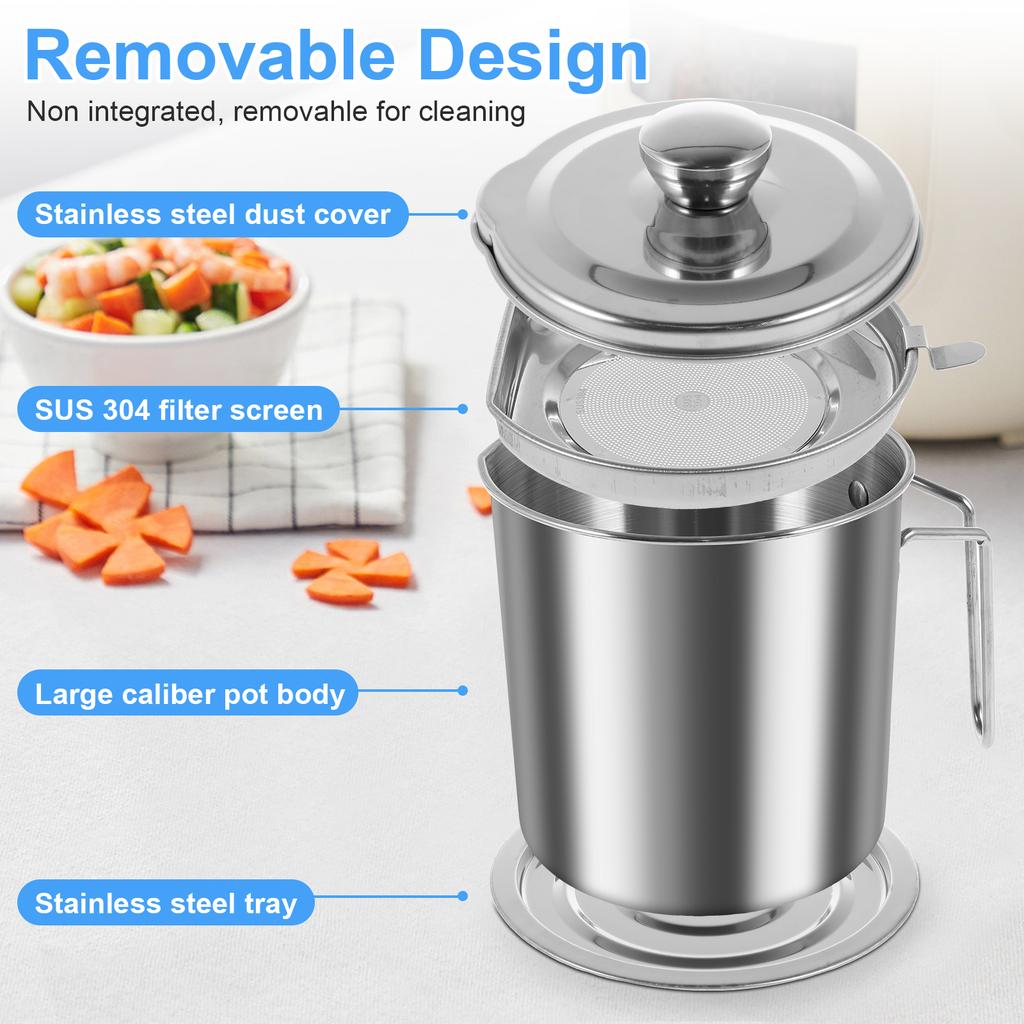 2/1.5L Oil Filter Fry Basket Oil Storage Can Pot Stainless Steel Oil Strainer Pot with Fine Mesh Strainer Grease Container Kitch
