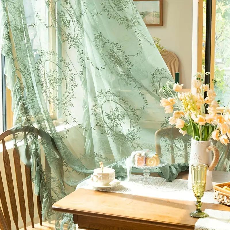 French Retro Green Ruffled Lace Sheer Tulle Curtains For Girls Room Living Room Korean Pastoral Floral Window Screen