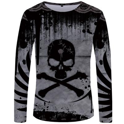 Camiseta masculina com caveira 3D, manga comprida, gola redonda, estampa digital casual, coleção de cabelo em peça única