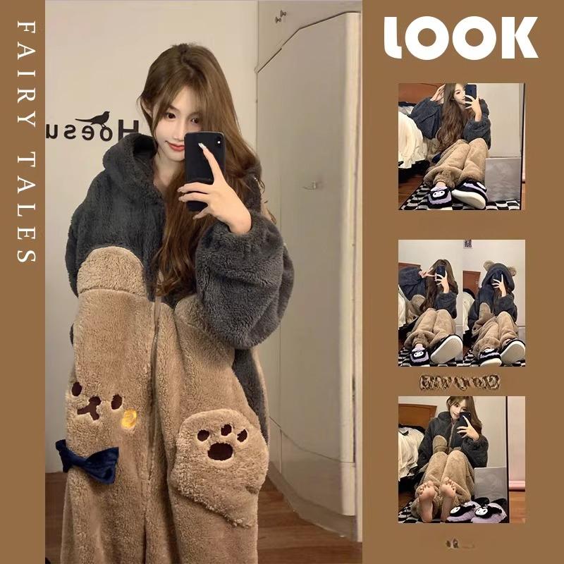 Cute Girl Leopard Print Jumpsuit Pajamas Autumn and Winter Flannel Thick Warm Hooded Home Clothing Wearable As Outerwear Homewear Comfortable Jumpsuit