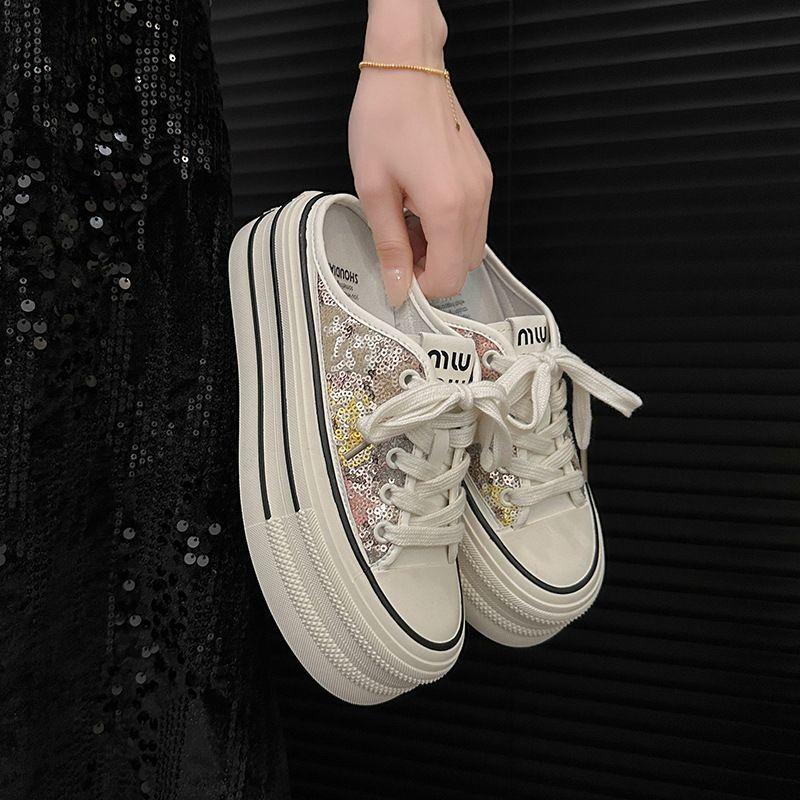 

thick-soled sequined canvas half-slippers women s summer wear new small height-increasing lace-up casual sandals 40 чорний