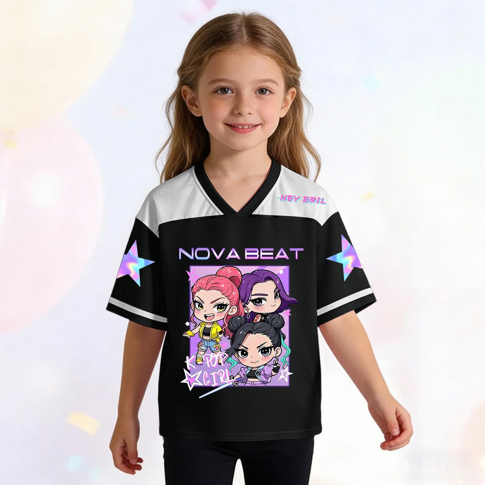 Детский модный топ-свитер с принтом, V-образным вырезом и короткими рукавами для девочки 100 чёрный