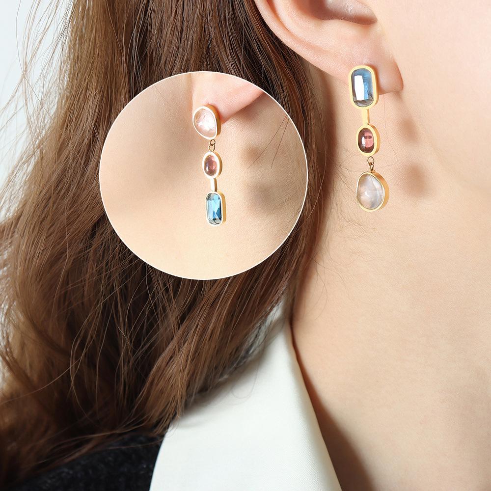 Bohemian Ethnic Crystal Glass Stone Pendant Titanium Steel Earrings