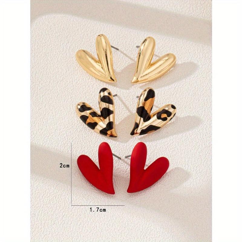 3 Pairs Fashion Personalized Metallic Enamel Leopard & Heart Stud Earring Set, Suitable For Party And Multiple Occasions For Women