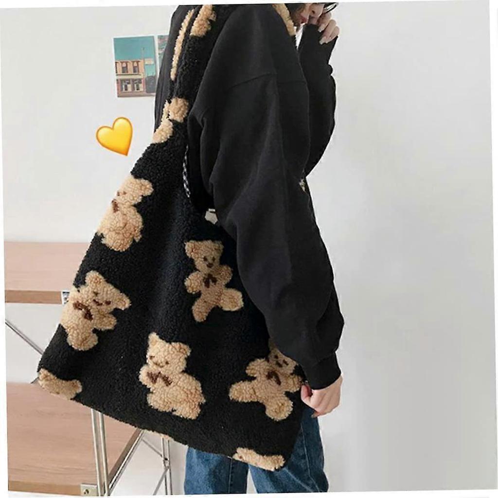 Pluizige Schoudertas Dames Zacht Schattige Beer Schoudertas Grote Lamsvel Handtas Zwart 1 stuks