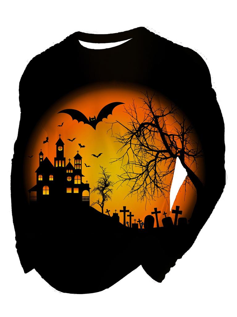 Halloween Men's T-Shirts Purple Horror Pumpkin Ghosts Forest 3D Print Autumn Long Sleeve T-Shirt Casual Tops Y2k Mens Clothing