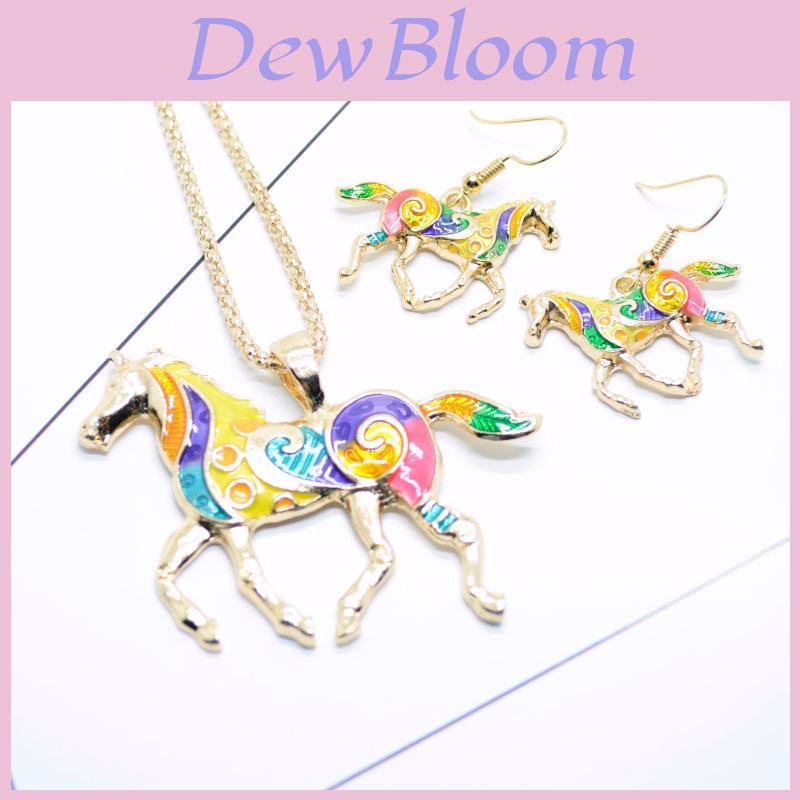 Set di Collana con Orecchini Pendenti Cavallino Arcobaleno alla Moda con Design a Gradiente Colorato