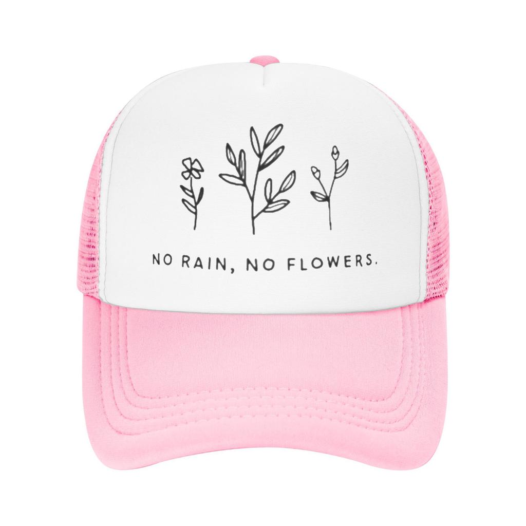 No Rain No Flowers Graphic Trucker Hat Minimalist Floral Design Breathable Mesh Baseball Cap Unisex Casual Adjustable