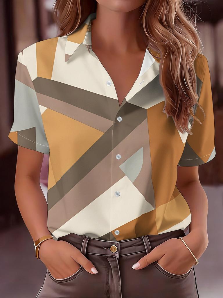 Women Casual Short Sleeve Button Up Shirt Geometric Brown Gray Beige Abstract Pattern Machine Washable Fashionable Blouse