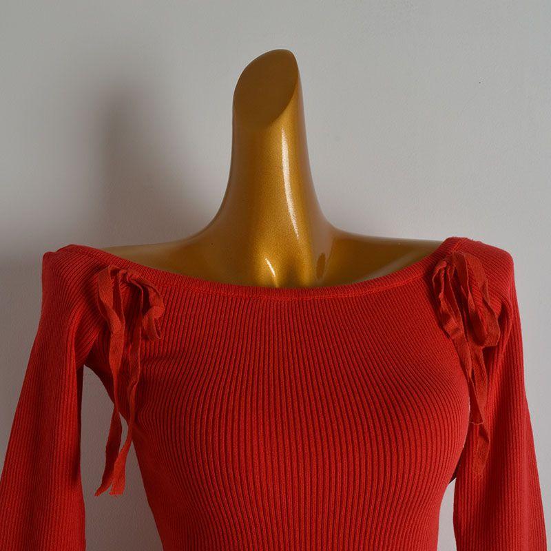 Fashion Style Sexy Sexy off-the-Shoulder Decorative Lace-up Knitwear Women's Clothing Spring & Fall Slim-Fit Short Long Sleeve Bottoming Shirt