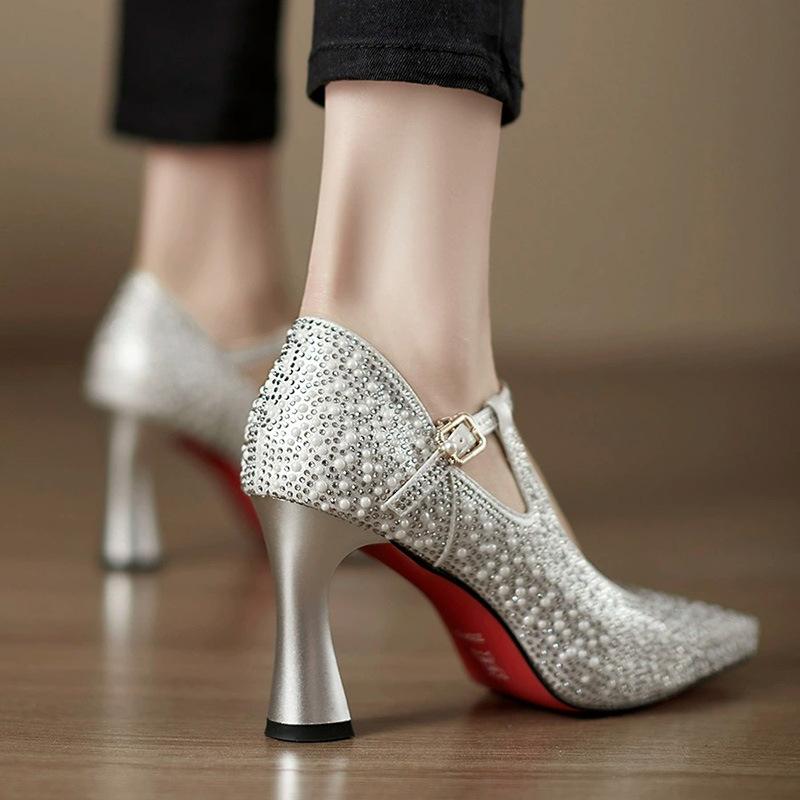 Fashion Pearl Hot Diamond High Heels Women's 2025 Spring New One-word Buckle with Pointed Head Shallow Mouth Stiletto Fashion Shoes