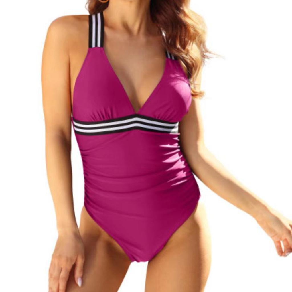New Sexy Women's V-neck One Piece Solid Color Patchwork Swimsuit Bikini Swimsuit