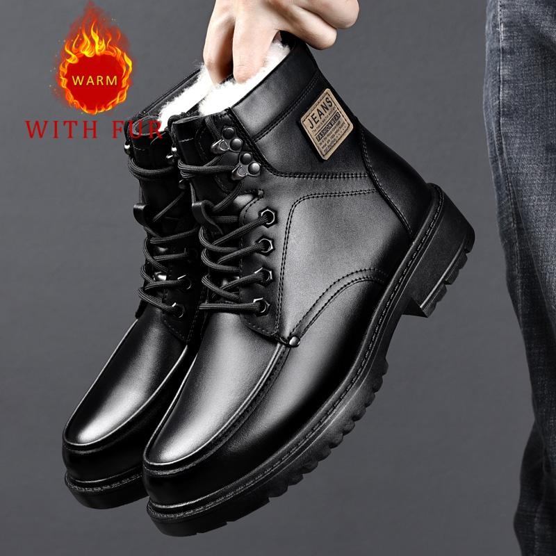 Men's short boots Winter Classic Quality Warm Style Office or business work Black thick soled high top leather shoes