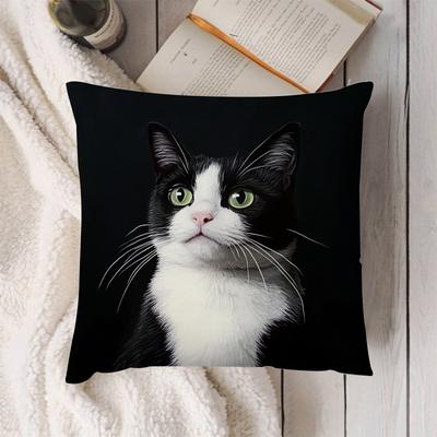 Cute Cat Pillowcase, High-Definition Black & White Kitty Design for Pet Lovers, Soft Cotton Cushion Cover with Adorable Style
