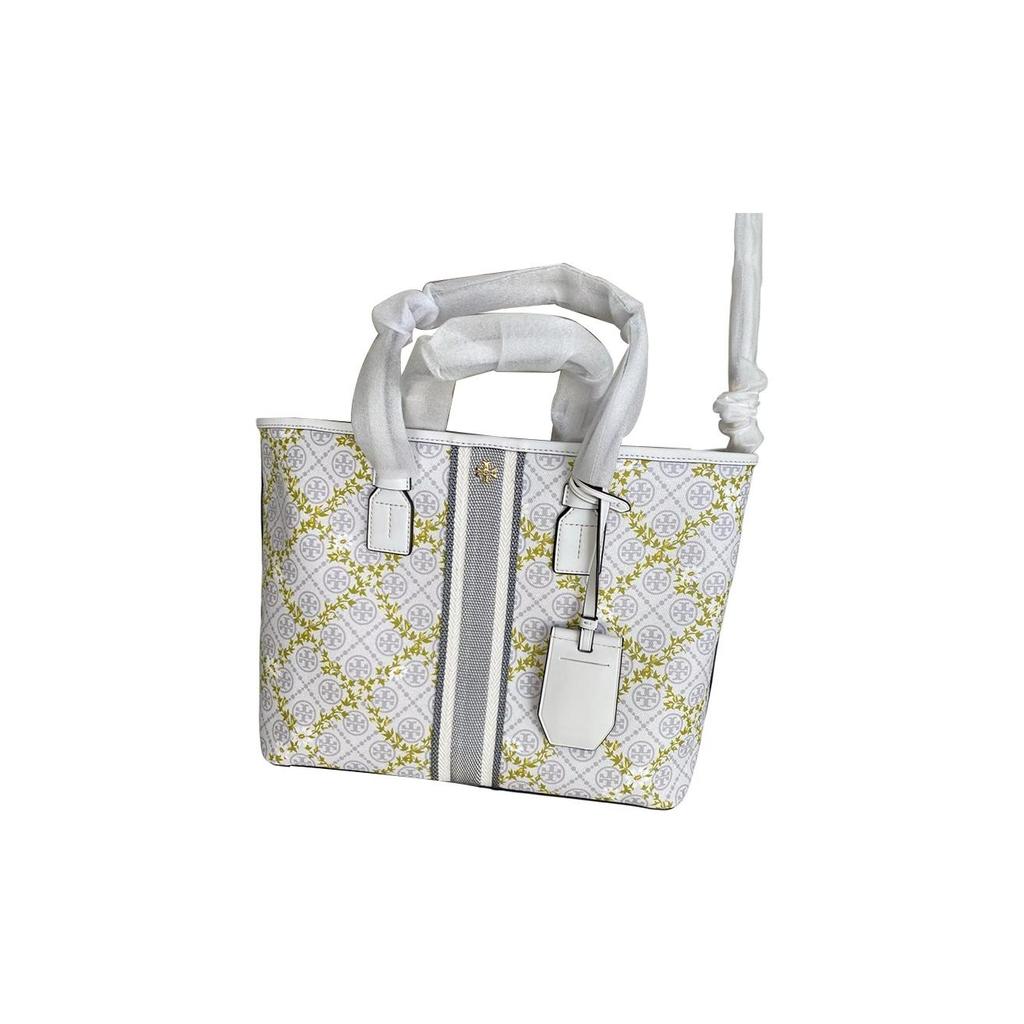 Tory Burch T Monogram Floral Vine Pattern Leather Tote Bag Women Tote Ivory 82594-107